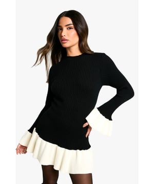 Striking contrast sleeves for eye-catching appeal
        Flattering skater silhouette with a flared skirt
        Ribbed knit texture adds depth and warmth
        Versatile mini length suitable for various occasions
        Comfortable crew neckline for a classic finish
    
    Make a statement in this chic petite skater dress that combines comfort with style. The ribbed knit body creates a figure-hugging silhouette, while the contrasting sleeves add a playful twist to the classic design. Perfect for casual outings or family gatherings, this dress can be easily dressed up or down. Pair it with chunky boots and tights for a trendy daytime look, or swap for heeled ankle boots and statement jewellery for evening drinks with friends. The flared skirt offers a flattering fit for all body types, making it a versatile addition to your wardrobe. Layer with a leather jacket for added edge or a cosy cardigan for a softer ensemble. This Boohoo dress is the ultimate go-to piece for the fashion-forward woman who values both style and comfort in her everyday attire.