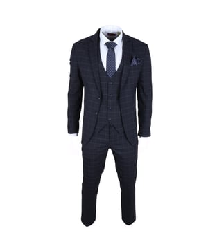 Make a lasting impression with this elegant Navy checked 3-piece suit, designed to bring modern sophistication to any formal occasion. Whether you're attending a wedding, leading a business meeting, or dressing to impress, this suit delivers a tailored fit that enhances your silhouette and boosts your confidence. Crafted from premium quality fabric, it combines durability with all-day comfort. The versatile set includes a blazer, vest, and trousers—perfect for creating classic or contemporary looks.\nElegant Navy Checked Design: Adds a refined touch of modern elegance to your formalwear.\nTailored Fit for a Sharp Look: Provides a sleek, polished silhouette that flatters your frame.\nPremium Quality Fabric: Made from a blend of 80% polyester and 20% viscose for comfort and durability.\nVersatile 3-Piece Set: Includes a blazer, vest, and trousers that can be worn together or styled separately.\nMaterial Composition: 80% Polyester, 20% Viscose.
