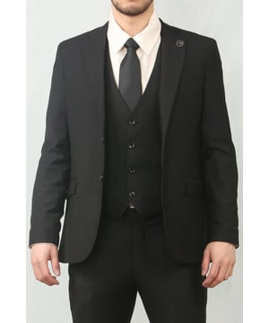 Step into timeless elegance with this tailored black 3-piece suit, designed to deliver both sophistication and comfort for any formal occasion. The classic plain black design ensures versatility across events—from weddings and proms to business meetings and evening functions. Expert tailoring offers a flattering, structured fit, while subtle stitch lapel detailing adds a refined touch. Complete with a blazer, waistcoat, and trousers, this suit is your go-to choice for a polished and confident look.\nTailored Fit: Structured for a modern silhouette that blends style and comfort.\nClassic Plain Black Design: Sleek and versatile, perfect for formal and professional events.\nComplete 3-Piece Set: Includes blazer, waistcoat, and trousers for a coordinated look.\nStitch Lapel Detailing: Adds subtle refinement and character to the overall design.\nMaterial Composition: 65% Polyester, 32% Viscose, 3% Lycra.