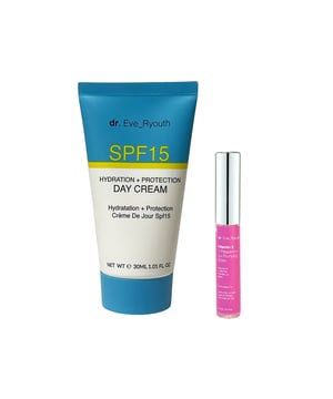 "SPF15 Hydration + Protection day cream 30 ml: Infused with advanced SPF15 protection, this day cream acts as a reliable barrier against UVA and UVB rays, safeguarding your skin from potential sun damage. Its lightweight and non-greasy texture make it an ideal companion for daily use, allowing you to embrace the outdoors with confidence while maintaining a nourished, youthful glow. 
 Collagen Booster Ultra Concentrated Serum 15ml: Vitamin E and Peppermint Lip Plumps 8ml: Peppermint Lip Plumping Gloss contains lip nourishing and plumping ingredients that aim to make the lips look plumper, more voluminous and youthful looking.
"To use the SPF15 Hydration + Protection Day Cream (30 ml) along with the Vitamin E and Peppermint Lip Plumps (8 ml), start with a clean face. After cleansing, take a small amount of the SPF15 Hydration + Protection Day Cream and apply it evenly to your face and neck using gentle upward strokes. Make sure to cover all areas of your skin for hydration and sun protection.

Next, apply the Vitamin E and Peppermint Lip Plumps to your lips. Squeeze a small amount of the product onto your fingertip or directly onto your lips, then gently massage it in. The lip plump will not only hydrate your lips but also provide a refreshing tingling sensation thanks to the peppermint.

For best results, use this combination in the morning as part of your daily skincare routine. The day cream will keep your skin hydrated and protected from UV rays, while the lip plump will enhance your lips' fullness and hydration throughout the day."