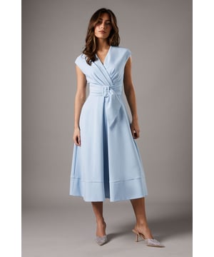 Elegant V-neckline for a flattering silhouette
        Wrap-style bodice with a cinched waist
        Striking belted detail with a rectangular buckle
        Cap sleeves for a graceful arm-flattering look
        Midi length with a flared A-line skirt
    
    This sophisticated belted crepe dress from Coast is the epitome of refined elegance. Perfect for those special occasions where you want to make a lasting impression, this dress combines timeless style with modern flair. The wrap-style bodice creates a flattering silhouette, while the belted waist accentuates your figure beautifully. The midi length and flared skirt offer a graceful movement as you walk, ideal for garden parties or summer weddings. Style it with strappy heels and delicate jewellery for a polished look, or add a fascinator for a day at the races. For cooler evenings, drape a lightweight pashmina over your shoulders to maintain that air of sophistication. This versatile piece will become a go-to in your occasion wear wardrobe, promising to turn heads at any event.