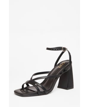 - Faux leather - Strappy style - Open toe - Block heel - Heel height: 9.5 cm / 3.8 inches - Excluding trims