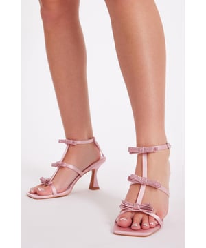 - Satin finish - Bow details - Diamante embellished - Open toe - Heel height: 8cm / 3 inches approx