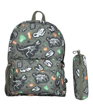 100% Polyester. Capacity: 15L. Pockets: Front Pocket, 2 Mesh Pockets. Compartments: 1 Main Compartment. Adjustable Straps, Carry Handle, Mesh Bottle Holder, Padded Back Panel. Breathable, Fade Resistant, Soft. Design: Dinosaur Skeleton, Logo, Printed.