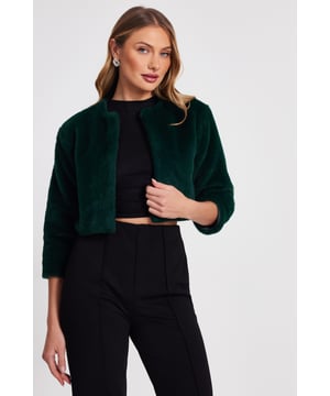 - Faux fur finish - Cropped sleeves - Hook and eye closure - Cropped fit - Cape style - Always check the wash care label - Cool hand wash with mild detergent