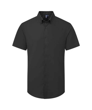 72% Mercerised Cotton, 25% Organic Cotton, 3% Elastane. Fabric: Oxford Cloth, Soft Touch. Design: Plain. Fastening: Button. Neckline: Button-Down. Hem: Curved. Sleeve-Type: Short-Sleeved. Fabric Technology: Stretch. Back Yoke, Pleated Back. 135gsm. Sustainability: Amfori, BSCI, Organic Cotton, Sedex, WRAP Certified.