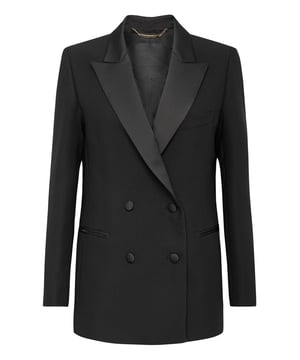 Deze polyester satijnen double breasted blazer heeft een androgyne look door de mannelijke snit. De stof wordt ook binnenstebuiten gebruikt. Twee steekzakken en knopen zijn gevoerd. Binnenvoering.