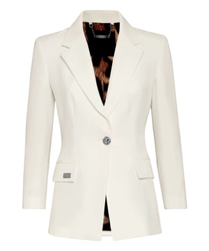 con cristales  Blazer de poliéster elástico de un solo botón que presenta el estampado icónico de la calavera en la espalda. Botón joya. Solapa de pico y mangas 3/4. Dos bolsillos con solapa. Forro interior.