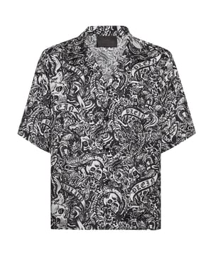 Add a whiff of uniqueness to your look with this silk bowling shirt and... Find out what makes it one of a kind.   Tattoo print silk twill    Bowling collar   Logoed button placket   Straight hem   Fit: Bowling