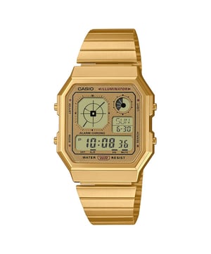 This Casio Casio Collection Vintage Digital Watch for Unisex is the perfect timepiece to wear or to gift. It's Gold  Rectangular case combined with the comfortable Gold Stainless steel watch band will ensure you enjoy this stunning timepiece without any compromise. Operated by a high quality Quartz movement and water resistant to 3 bars, your watch will keep ticking. A digital watch featuring an analog-style clock display all wrapped up in the gadgety look you love.   A retro-futuristic face is combined with stylish metallic colors and effective accent colors, showcasing a passion for gadgets. This Digital watch has a Calendar function: Day-Date as well as Stop Watch , Countdown , Worldtime , Alarm and Light High quality 20 cm length and 20 mm width Gold Stainless steel strap with a Folding Clasp Case measurement: 35 X 40 mm,case thickness: 9 mm, case colour: Gold and dial colour: Gold
