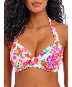 Freya Summer Soul Halterneck Bikini Top. In a floral print with a plunge neckline, fixed halter tie straps and powernet lined underwired cups for shaping and support. This product is recommended as hand wash only.