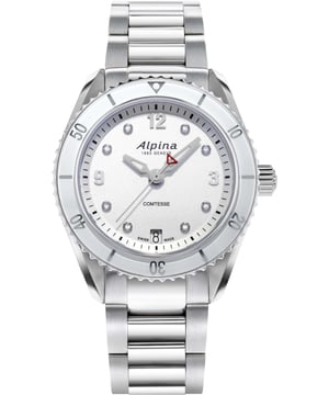 This Alpina Alpiner Comtesse Sport Analogue Watch for Women is the perfect timepiece to wear or to gift. It's Silver 36 mm Round case combined with the comfortable Silver Stainless steel watch band will ensure you enjoy this stunning timepiece without any compromise. Operated by a high quality Quartz movement and water resistant to 5 bars, your watch will keep ticking. Alpina Alpiner Comtesse Sport is a perfectly designed timepiece that matches any elegant look. This Analogue watch has a calendar function: Date as well as a Luminous Hands and has a Swiss Made Movement High quality Silver Stainless steel strap with a secure Deployment clasp, measuring 19 cm in length and 17 mm in width Case diameter: 36 mm,case thickness: 10 mm, case colour: Silver and dial colour: White