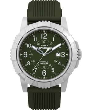 Diese Timex Expedition North Ridge Analoguhr für Herren ist das perfekte Zeitmesser, um sie zu tragen oder zu verschenken. Das silberne 45 mm runde Gehäuse in Kombination mit dem bequemen grünen Silikonarmband sorgt dafür, dass Sie dieses atemberaubende Zeitmesser ohne Kompromisse genießen können. Angetrieben von einem hochwertigen Quarzwerk und wasserdicht bis 5 bar, wird Ihre Uhr weiterhin ticken. Bei Regen oder Sonnenschein, an der Küste oder im Inland – Expedition geht die Extrameile. Diese Analoguhr hat eine Kalenderfunktion: Datum sowie Indiglo Licht. Hochwertiges 21 cm langes und 22 mm breites grünes Silikonarmband mit einer Schließe. Gehäusedurchmesser: 45 mm, Gehäusehöhe: 13 mm, Gehäusefarbe: Silber und Ziffernblattfarbe: Grün.