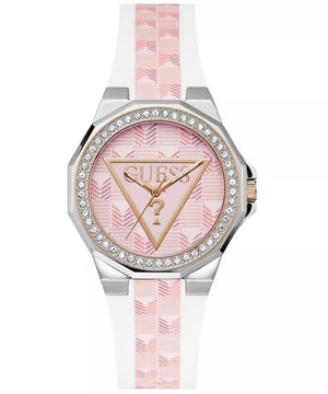 Deze Guess Resort Analoge Horloge voor Vrouwen is het perfecte tijdsdocument om te dragen of als cadeau te geven. De zilveren ronde kast van 38 mm, gecombineerd met de comfortabele witte siliconen horlogeband, zorgt ervoor dat je van dit verbluffende tijdstuk kunt genieten zonder compromissen. Aangedreven door een hoogwaardige Quartz beweging en waterbestendig tot 3 bar, blijft je horloge tikken. Dit modieuze en klassieke horloge past bij elke outfit voor elke gelegenheid en voegt stijl toe aan je leven. Hoogwaardige witte siliconen band van 19 cm lang en 20 mm breed met een gesp. Kastdiameter: 38 mm, kastdikte: 10 mm, kastkleur: zilver en wijzerplaatkleur: multikleur.