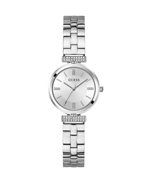 Dit Guess Dames horloge beschikt over een Quartz binnenwerk. De kast (28 mm mm) is vervaardigd uit RVS (Zilverkleurig) en heeft een Mineraalglas. De band is Zilverkleurig RVS. Dit horloge uit de Guess Array reeks is een mooi en tijdloos geschenk. Verras jezelf of iemand anders met dit cadeau. Bovendien geniet u hierbij van 2 jaar garantie tegen alle fabricagefouten.