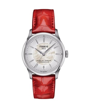 This Tissot T-classic Chemin Des Tourelles Powermatic 80 Analogue Watch for Women is the perfect timepiece to wear or to gift. It's Silver 34 mm Round case combined with the comfortable Red Leather watch band will ensure you enjoy this stunning timepiece without any compromise. Operated by a high quality Automatic movement and water resistant to 5 bars, your watch will keep ticking. Close your eyes and think of a pure Swiss watch and you’ll see the Chemin des Tourelles. This Analogue watch has a calendar function: Date and has a Swiss Made Movement High quality Red Leather strap with a secure Deployment clasp, measuring 19 cm in length and 18 mm in width Case diameter: 34 mm,case thickness: 10 mm, case colour: Silver and dial colour: Mother of pearl