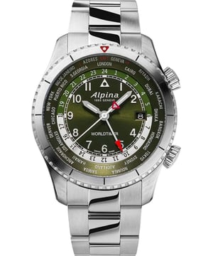 This Alpina Startimer Pilot Quartz Worldtimer Analogue Watch for Men is the perfect timepiece to wear or to gift. It's Silver 41 mm Round case combined with the comfortable Silver Stainless steel watch band will ensure you enjoy this stunning timepiece without any compromise. Operated by a high quality Quartz movement and water resistant to 3 bars, your watch will keep ticking. Alpina Startimer Pilot Quartz Worldtimer is a perfectly designed timepiece that matches any elegant look. This Analogue watch has a calendar function: Date as well as a Luminous Hands , Worldtime and has a Swiss Made Movement High quality Silver Stainless steel strap with a secure Deployment clasp, measuring 21 cm in length and 20 mm in width Case diameter: 41 mm,case thickness: 12 mm, case colour: Silver and dial colour: Green