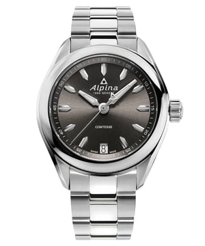 This Alpina Alpiner Comtesse Analogue Watch for Women is the perfect timepiece to wear or to gift. It's Silver 34 mm Round case combined with the comfortable Silver Stainless steel watch band will ensure you enjoy this stunning timepiece without any compromise. Operated by a high quality Quartz movement and water resistant to 10 bars, your watch will keep ticking. Alpina Alpiner Comtesse is a perfectly designed timepiece that matches any elegant look. This Analogue watch has a calendar function: Date as well as a Luminous Hands and has a Swiss Made Movement High quality Silver Stainless steel strap with a secure Deployment clasp, measuring 19 cm in length and 16 mm in width Case diameter: 34 mm,case thickness: 10 mm, case colour: Silver and dial colour: Brown