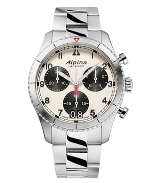 This Alpina Startimer Pilot Chronograph Watch for Men is the perfect timepiece to wear or to gift. It's Silver 41 mm Round case combined with the comfortable Silver Stainless steel watch band will ensure you enjoy this stunning timepiece without any compromise. Operated by a high quality Quartz movement and water resistant to 10 bars, your watch will keep ticking. Alpina Startimer Pilot is a perfectly designed timepiece that matches any elegant look. This Chronograph watch has a calendar function: Date as well as a Stop Watch , Luminous Hands and has a Swiss Made Movement High quality Silver Stainless steel strap with a secure Deployment clasp, measuring 21 cm in length and 20 mm in width Case diameter: 41 mm,case thickness: 13 mm, case colour: Silver and dial colour: Beige