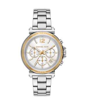 Dit Michael Kors Maren Chronograaf Horloge voor Dames is het perfecte tijdpiece om te dragen of cadeau te geven. De multicolour 39 mm ronde kast, gecombineerd met de comfortabele zilveren roestvrijstalen horlogeband, zorgt ervoor dat je volop kunt genieten van dit prachtige horloge zonder enige concessies. Aangedreven door een hoogwaardige Quartz beweging en waterbestendig tot 5 bar, blijft je horloge tikken. Dit sportieve en modieuze horloge geeft je een uniek gevoel bij elke outfit! Dit chronograaf horloge heeft een kalenderfunctie: datum, stopwatch, 24-uurs weergave en luminescerende wijzers. Hoogwaardige 19 cm lange en 18 mm brede zilveren roestvrijstalen band met een klapsluiting met drukknop. Kastdiameter: 39 mm, kastdikte: 10 mm, kastkleur: multicolour en wijzerplaatkleur: wit.
