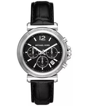 Dit Michael Kors Maren Chronograaf horloge voor dames is het perfecte tijdsbeeld om te dragen of cadeau te geven. De zilveren 39 mm ronde kast in combinatie met de comfortabele zwarte leren horlogeband zorgt ervoor dat je van dit prachtige horloge kunt genieten zonder compromissen. Aangedreven door een hoogwaardig kwartsuurwerk en waterbestendig tot 5 bar, blijft je horloge tikken. Dit sportieve en modieuze horloge geeft je een uniek gevoel bij elke outfit! Dit chronograaf horloge heeft een kalenderfunctie: datum, stopwatch, 24-uursweergave en luminous wijzers. Hoogwaardige zwarte leren band van 19 cm lengte en 18 mm breed met een gesp. Kastdiameter: 39 mm, kastdikte: 10 mm, kastkleur: zilver en wijzerplaatkleur: zwart.