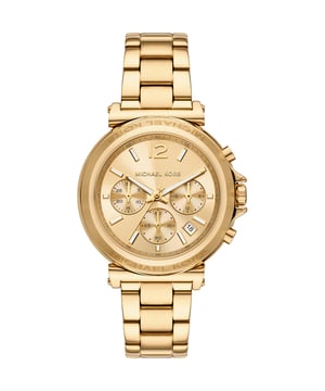 Deze Michael Kors Maren Chronograaf Horloge voor Vrouwen is het perfecte stuk om te dragen of cadeau te geven. De gouden 39 mm ronde behuizing in combinatie met de comfortabele gouden roestvrijstalen horlogeband zorgt ervoor dat je volop kunt genieten van dit schitterende horloge zonder concessies te doen. Aangedreven door een hoogwaardig kwartsbeweging en waterbestendig tot 5 bar, blijft je horloge tikken. Dit sportieve en stijlvolle horloge geeft je een unieke uitstraling bij elke outfit! Dit chronograaf horloge heeft een kalenderfunctie: Datum, Stopwatch, 24-uursweergave en Luminiserende Wijzers. Hoogwaardige 19 cm lange en 18 mm brede gouden roestvrijstalen band met een klapsluiting met drukknop. Gehuwdia diameter: 39 mm, behuizingsdikte: 10 mm, behuizingkleur: Goud en wijzerplaat kleur: Goud.