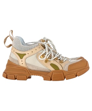VINTAGE, RRP AS NEW
Level up your sneaker game with the Gucci x SEGA Flashtrek Sneakers—a bold fusion of high fashion and nostalgic flair. Crafted from a mix of beige leather, suede, and breathable mesh, this boot-inspired silhouette is packed with attitude. Chunky rubber soles, gold-tone hardware, and hiking-style laces nod to both performance wear and runway drama. Finished with the iconic SEGA-style Gucci logo, this pair is a collector’s dream for fashion rebels and retro lovers alike.


Gucci X Sega Mesh Flashtrek Sneakers in Beige Leather
Condition: very good
Signs of wear: No visible sign of wear. No Mark at insole.,  Very light mark at soles.
Packaging: None
Color: Beige
Material: Leather | calfskin leather
Size: EU | 37
Measurements: Heel height: 50; Insole length: 290
SKU: NAPPUGBSH469721W