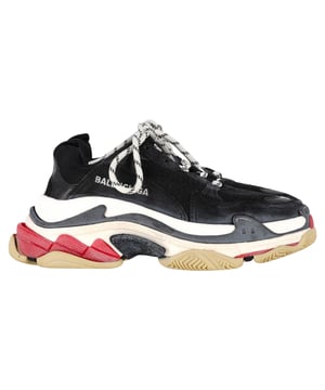VINTAGE, RRP AS NEW

Step up your sneaker game with the Balenciaga Triple S Sneakers in Black Polyester. These leather-free sneakers are not only stylish, but also feature a double foam and mesh construction for ultimate comfort. The complex 3-layered outsole provides added durability and support, while the embroidered size at the edge of the toe and logo details throughout add a touch of luxury. Complete with a lacing system featuring 12 fabric eyelets and an additional pair of laces, these sneakers are the perfect blend of fashion and functionality. 


Balenciaga Triple S Sneakers in Black White Red Polyester
Condition: good
Signs of wear: Minor markings, Lightly used but very well maintained. Minor mark at soles & creasing, light scuffing at the soles and heels.
Packaging: None
Color: black
Material: Polyester
Size: EU | 36
Measurements: Heel height: 60; Insole length: 300
SKU: NAPPUGBSH469723W