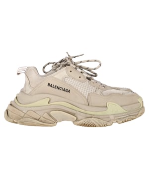 VINTAGE, RRP AS NEW
The Triple S from Balenciaga is the perfect sneaker for everyday wear. Constructed in a durable yet breathable stretch polyester blend, this pair features chunky rubber soles and a durable leather-free upper. Finished with a debossed logo detail at the toe, this style is finished with quick-drying elastic laces.   

Balenciaga Triple S Sneakers in Beige Polyester
Condition: good
Signs of wear: Include Box., Minor markings, Lightly used but very well maintained. Minor mark at soles & creasing, light scuffing at the soles and heels.
Packaging: Box, Dust bag
Color: Grey
Material: Leather | sheep leather
Size: EU | 39
Measurements: Heel height: 70; Insole length: 320
SKU: BAPUGBSH475947W