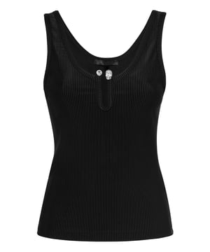 Upgrade your elegance for special times and choose this rib knit jersey tank top. Check out the details.   Rib knit stretch polyester jersey    Neckline embellished with a jewel accessory