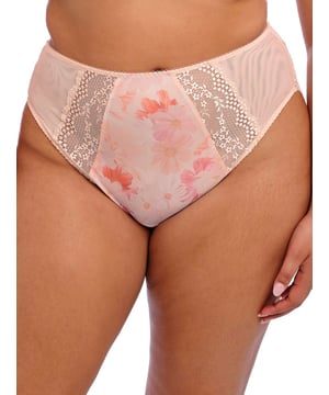 Elomi Lucie High Leg Brief. Mid rise brief with high cut leg and printed front panel and stretch lace panels at side with a mesh back. Product is reccomended to be washed on a gentle wash cycle.