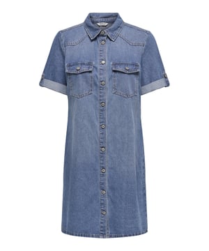 Dit denimjurk begeleidt je met coole stijl door de dag. De boven-dij lange snit zorgt voor een comfortabele pasvorm, terwijl de korte mouwen met omslag en knop, evenals de iets gevallen schouders, voor een casual uitstraling zorgen. De klassieke ronde hals en de twee opgestikte borstzakken brengen praktische details in het spel. Een omslagzoom en subtiele merktekens ronden het ontwerp af – perfect voor een ontspannen dagelijkse look met een modieuze tint.