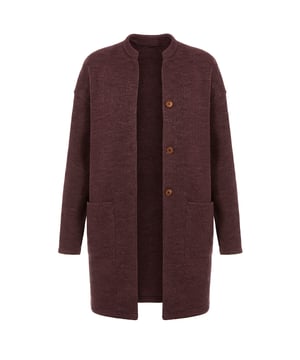 Manténgase abrigado y elegante sin esfuerzo con este abrigo de punto de gran tamaño, confeccionado con una mezcla premium de 57 % lana, 41 % acrílico y 2 % poliamida. Diseñado en un rico tono burdeos, este abrigo con botones presenta hombros caídos, grandes bolsillos delanteros y una silueta relajada que combina maravillosamente con cualquier conjunto. Su textura acogedora y sensación estructurada la convierten en la elección perfecta para el clima de transición y las capas de temporada fría.