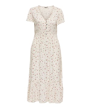 Dieses knöchellange Sommerkleid verbindet verspielten Charme mit angenehmem Tragekomfort. Die kurzen Ärmel und der feminine V-Ausschnitt mit durchgehender Knopfleiste sorgen für einen leichten, sommerlichen Look. Das gesmokte Detail im Oberteil passt sich bequem an und betont die Silhouette auf angenehme Weise. Ein zarter Rollsaum sowie dezente Label-Details ergänzen das Design. Der mehrlagige, blickdichte Stoff fällt locker und macht das Kleid zum perfekten Begleiter für warme Tage.