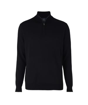 Indulge in pure luxury with this black quarter zip jumper, expertly crafted from 12-gauge extra-fine non-mulesed Merino wool. Its ultra-soft feel is as warm as it is lightweight, wrapping you in comfort without adding bulk. The finely knitted texture lends a sophisticated sheen, while the ¼ zip neck allows you to adjust your look—from sleek and polished to casually undone. Fully fashioned sleeves offer a tailored fit that flatters your silhouette, elevating this men's jumper to a timeless wardrobe essential. Whether layered under a blazer or paired with your favourite jeans, it's the perfect choice for the modern, discerning dresser. 100% Merino wool. 12 gauge extra fine non mulesed merino. Fully fashioned sleeve. Quarter neck zip neck opening. Regular fit. Can be hand washed at 30°C inside out. Reshape whilst wet and dry flat. Do not bleach or tumble dry. Can be dry cleaned. Packaged in a fully recycled bag.