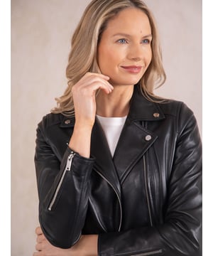 A timeless outerwear essential, the Tarraby reimagines the classic biker jacket with refined detailing for any occasion. Crafted from supple semi aniline leather, the Tarraby is effortlessly versatile, able to be dressed up or down as needed. Featuring an asymmetric zip fastening and iconic biker lapels and collar, it&rsquo;s tailored to enhance your natural curves, creating a flattering, stylish silhouette.
