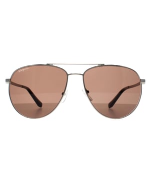 Salvatore Ferragamo Aviator Unisex Silver Brown Polarized SF157S  Sunglasses feature a bold frame that adds sophistication to any outfit. Designed for those who seek both fashion and function, these sunglasses protect your eyes while making a statement.