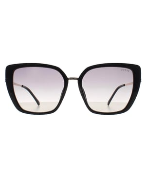 Guess Cat Eye Womens Shiny Black   Grey Gradient GF6199  Sunglasses feature a sleek, modern design with a lightweight frame, offering both style and comfort. The polycarbonate lenses provide 100% UV400 protection, ensuring your eyes stay safe under the sun. With a variety of frame and lens color combinations, these sunglasses add a fashionable touch to any outfit while providing optimal sun protection.