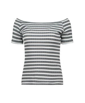 Esta moderna camiseta con hombros descubiertos está confeccionada con poliéster de alta calidad y ofrece comodidad y durabilidad. El diseño presenta rayas onduladas horizontales en tonos apagados de gris, blanco y negro, lo que le da un aspecto moderno y texturizado. Con mangas cortas y un corte ajustado favorecedor, este top es perfecto para salidas informales o un conjunto elegante y relajado.