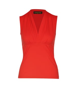 Ilumina tu guardarropa con este elegante top rojo sin mangas con cuello en V, confeccionado con una mezcla de punto de algodón y elastano suave y transpirable. Diseñado para un ajuste elástico cómodo, este top ofrece un equilibrio perfecto entre estructura y flexibilidad. El elegante escote en V y el suave detalle fruncido crean una silueta favorecedora, lo que lo convierte en un básico versátil para cualquier ocasión. Ya sea vestido con pantalones entallados o con un estilo informal con mezclilla, este top es una adición sencilla a tus elementos esenciales del día a día. Perfecto para días cálidos o para usar debajo de blazers y cárdigans.