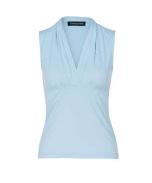 Werten Sie Ihre Garderobe mit diesem eleganten, hellblauen, ärmellosen Oberteil mit V-Ausschnitt auf, das sowohl auf Komfort als auch auf Stil ausgelegt ist. Dieses Oberteil besteht aus einer hochwertigen Viskose-Elastan-Mischung und bietet ein weiches, atmungsaktives Tragegefühl mit einer schmeichelnden Stretch-Passform. Der tiefe V-Ausschnitt und die dezenten Rüschen sorgen für einen Hauch von Raffinesse und machen es perfekt für lässige und elegante Anlässe. Kombinieren Sie es mühelos mit maßgeschneiderten Hosen, Röcken oder Jeans für einen schicken, zeitlosen Look. Dieses vielseitige Stück eignet sich ideal zum Layering oder Solo-Tragen und ist ein Muss für jede modebewusste Garderobe.