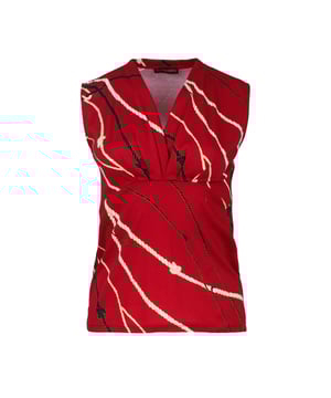 Haz una declaración audaz con este vibrante top sin mangas de punto de algodón rojo, que presenta un llamativo estampado inspirado en una cuerda con detalles en blanco, negro y dorado. Confeccionada con un tejido de punto de algodón suave y transpirable, esta camiseta ofrece la máxima comodidad manteniendo un aspecto elegante y con estilo. El profundo escote en V añade un toque de elegancia, lo que lo hace perfecto tanto para salidas informales como para conjuntos de noche elegantes. Combínalo con tus pantalones o faldas favoritos para crear un conjunto versátil y destacado.
