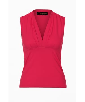 Llama la atención con este atrevido y femenino top cruzado sin mangas de conquista. Diseñado en un llamativo tono fucsia, presenta un profundo escote en V y delicados pliegues debajo del busto para crear una silueta favorecedora que realza la figura. Confeccionado con un tejido suave y elástico, garantiza comodidad y estilo a partes iguales. Perfecta para combinar con faldas de cintura alta o pantalones sastre, esta prenda versátil pasa fácilmente del día a la noche.