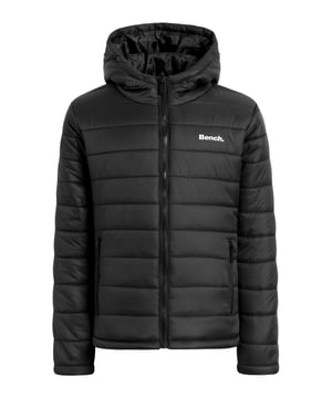 Eénkleurige winterjas met capuchon, rits en zijzakken.
