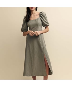 Womens Nobody's Child Henri Midi Dress in khaki green.Forever timeless. Henri’s new and she wants to go on holiday with you. This is a khaki midi that you’ll turn to endlessly. We love the stylish square neckline and pretty puff sleeves. Elevate yours with gold jewellery. - Square neck - Short puff sleeves- Concealed zip fastening - Fitted waist designed to flatter - A-line skirt that skims the body- 69% Organic Cotton  31% Linen.  Machine washable.- Ref: D240240GRN