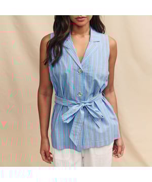 Womens Nobody's Child Quinn Striped Waistcoat in blue.Waistcoats are in. Tthis one comes in red  white and blue stripes. It comes sleeveless but for a more formal look  it’s cut to a long line shape with a classic tie waist and belt loops. Style with the matching trousers to complete the set. - Notch collar - Button front- Pockets- Tie waist- Belt loops- Ref: T240988BLU