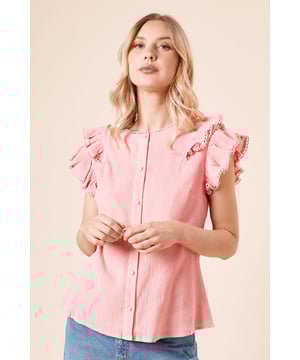 Delicate lace trim detailing along the neckline adds a feminine touch
        Charming ruffle cap sleeves with layered frills create dimension and movement
        Button-up front design offers versatile styling options
        Lightweight cotton fabric ensures breathable comfort for all-day wear
        Relaxed silhouette with a slightly tapered waist for a flattering fit
    
    This Dorothy Perkins button-up top combines casual comfort with pretty detailing that's perfect for your everyday wardrobe. The distinctive ruffle sleeves and lace trim neckline add character to this otherwise simple piece, making it ideal for those who appreciate subtle feminine touches. Style with relaxed denim jeans and white trainers for weekend brunches with the girls, or tuck into a flowing midi skirt with ballet flats for family gatherings. The versatile design works beautifully layered under a cardigan when the temperature drops or on its own during warmer days. Machine washable and crafted from cotton, this top offers both practicality and style-a reliable favourite that will carry you through casual daywear occasions with effortless charm.