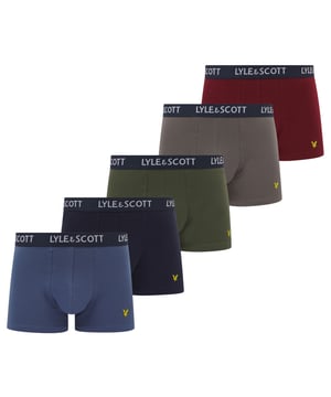 Mens Lyle And Scott 5 Pack of Core Trunks in multi colour.- Branded elasticated waistband.- Cotton stretch.- 95% Cotton  5% Elastane.- Ref: MILLER631We regret that underwear is non-returnable due to hygiene reasons.