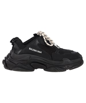 VINTAGE, RRP AS NEW
Step up your sneaker game with the Balenciaga Triple S Sneakers in Black Polyester. These leather-free sneakers are not only stylish, but also feature a double foam and mesh construction for ultimate comfort. The complex 3-layered outsole provides added durability and support, while the embroidered size at the edge of the toe and logo details throughout add a touch of luxury. Complete with a lacing system featuring 12 fabric eyelets and an additional pair of laces, these sneakers are the perfect blend of fashion and functionality. 

Balenciaga Triple S Sneakers in Black Polyester
Condition: very good
Signs of wear: No visible sign of wear. No Mark at insole.,  Very light mark at soles.
Packaging: None
Color: black
Material: Polyester
Size: EU | 40
Measurements: Heel height: 50; Insole length: 260
SKU: BADOGBSH480412W