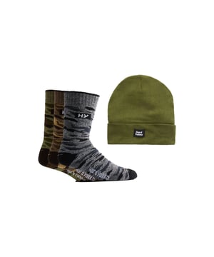 This socks + beanie bundle gives you an easy way to keep warm and comfortable at work. The socks are a Camo design and the beanie is a matching military green. Both are made with 85% recycled polyester. Stock up today.